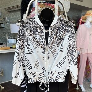 Frank Lyman Design White and Black Leopard Graphic Bomber Jacket